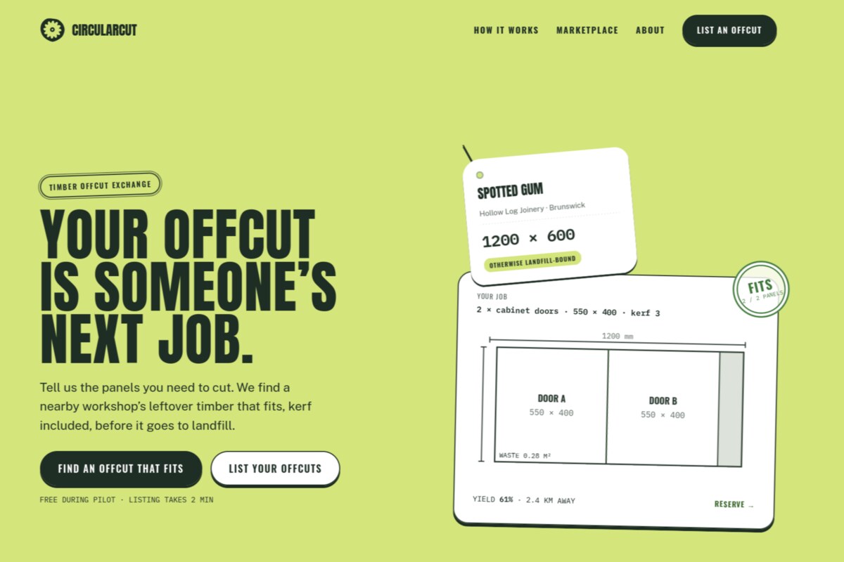 CircularCut homepage: a timber offcut listing matched against a cutting job, showing yield and a reserve action