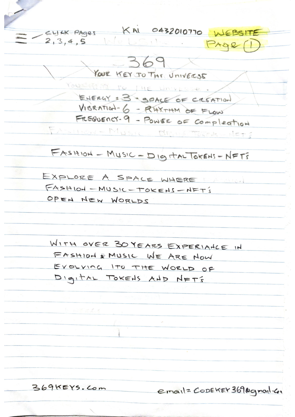 Wireframe — Page 1: homepage hero. Headline '369 — Your Key To The Universe', the Energy/Vibration/Frequency 3-6-9 definitions, and the fashion/music/tokens/NFTs tagline.