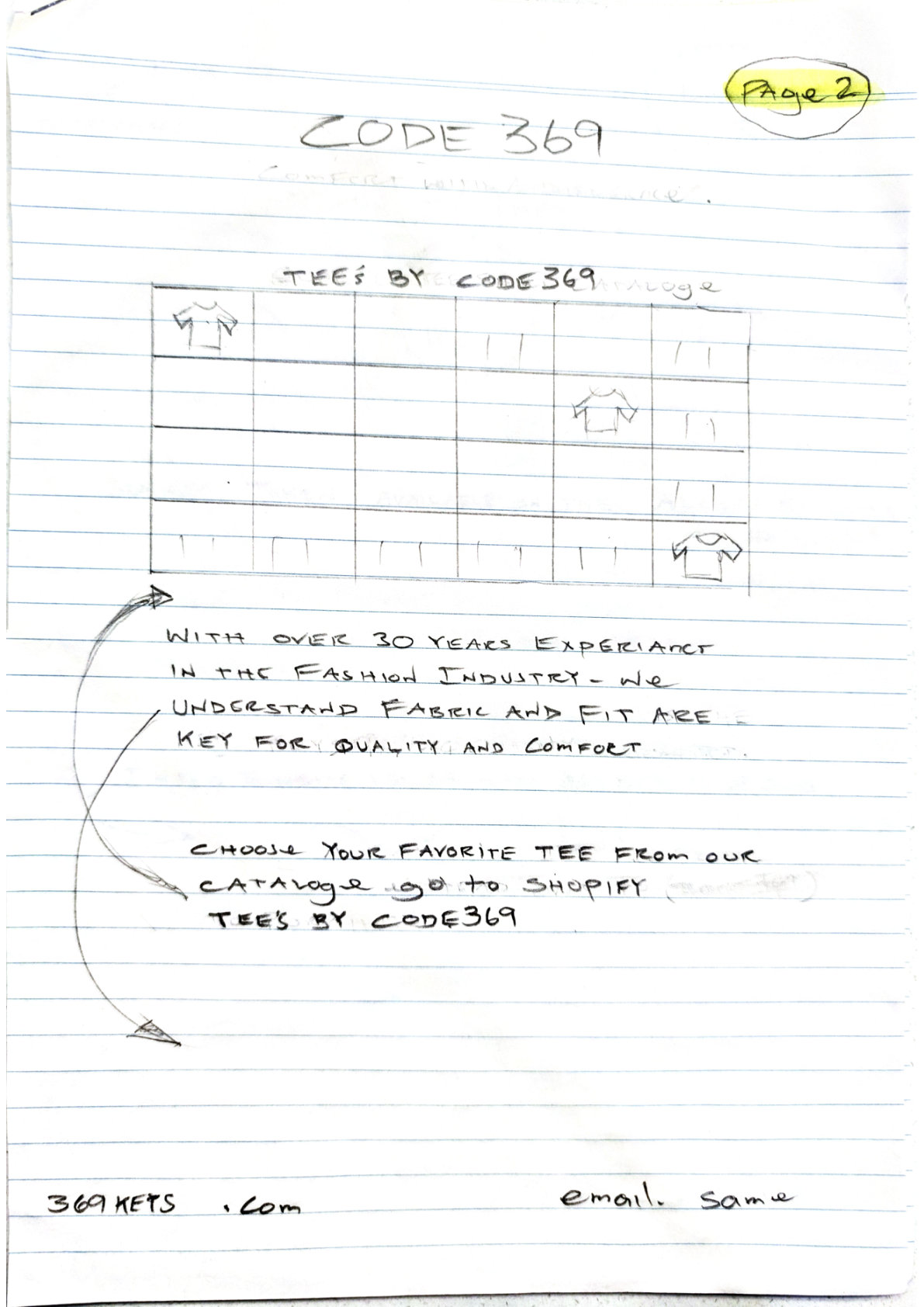 Wireframe — Page 2: tees catalog page. A grid layout for the CODE369 tee catalog, with copy about 30 years in the fashion industry.