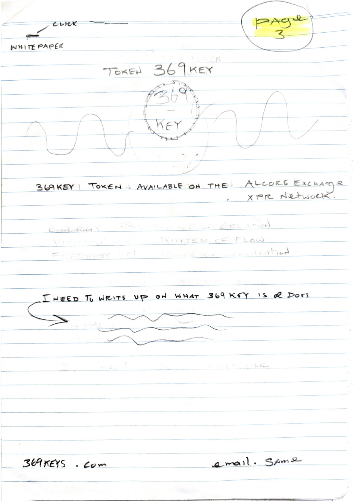 Wireframe — Page 3: 369 Key token page, describing the token whitepaper and its Alcore/XPR exchange listing.