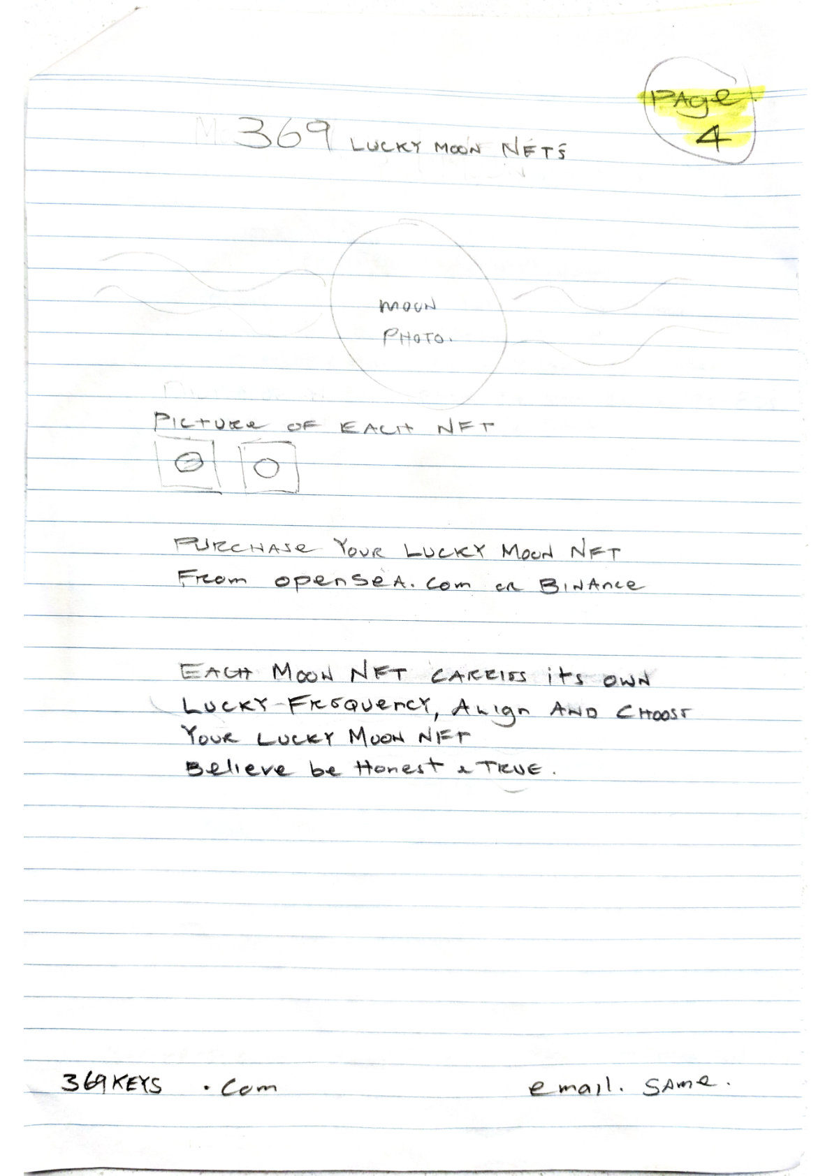 Wireframe — Page 4: Lucky Moon NFTs page, with a moon-photo placeholder, a grid for individual NFT images, and purchase copy.