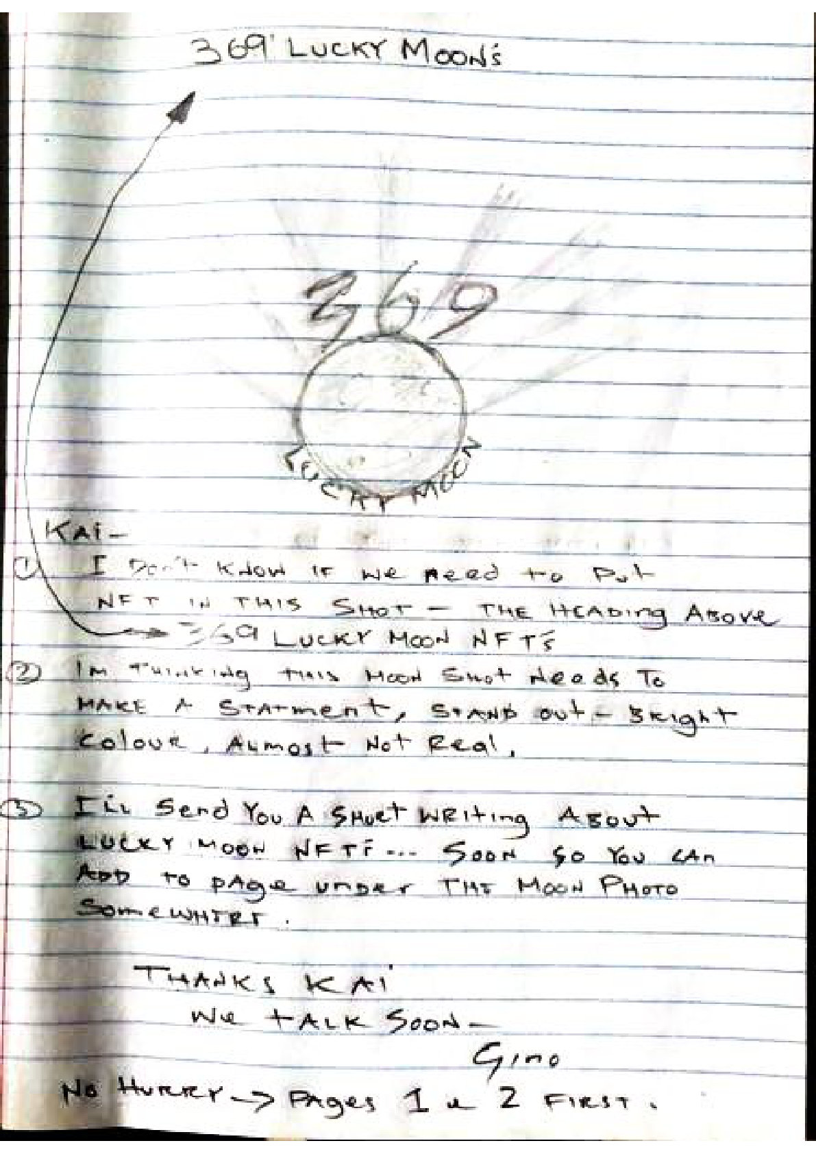 The client's own handwritten feedback note on the Lucky Moon NFT visual direction.