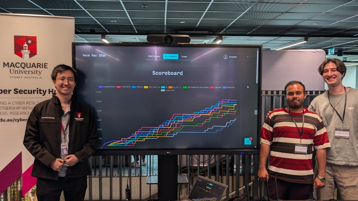 The live scoreboard at Hack Mac 2026, hosted by the Macquarie University Cyber Security Hub